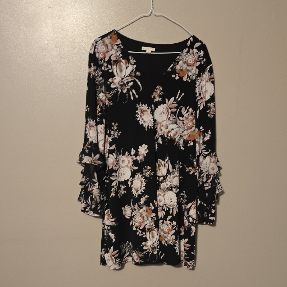 Cato Floral Black Mini Dress with Ruffle Sleeves Womens Size Medium
